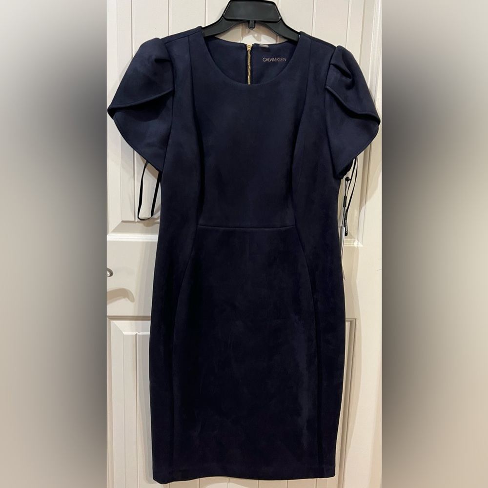 Calvin Klein Blue Suede Dress with Tulip Sleeves